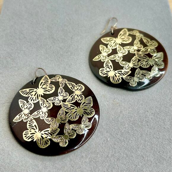 Gold Tone Butterflies Dark Brown Glass Circle Dangle Earrings - Picture 1 of 5